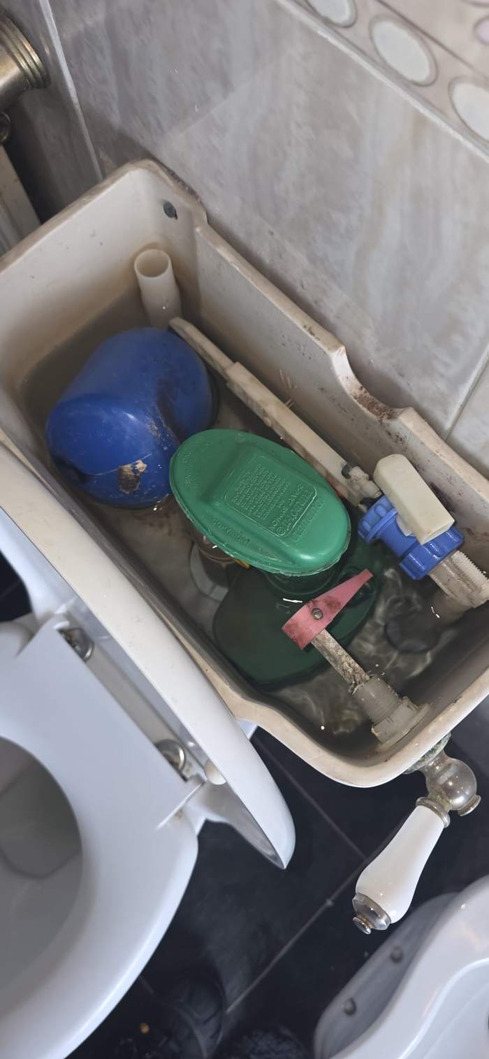 Old toilet cistern with a worn fill valve and syphon